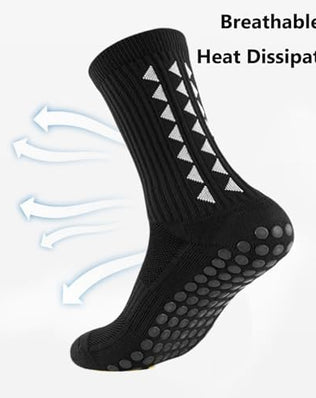 Three pairs of Problems Solved men's non-slip football grip socks, showing close-up of textured soles for improved traction.