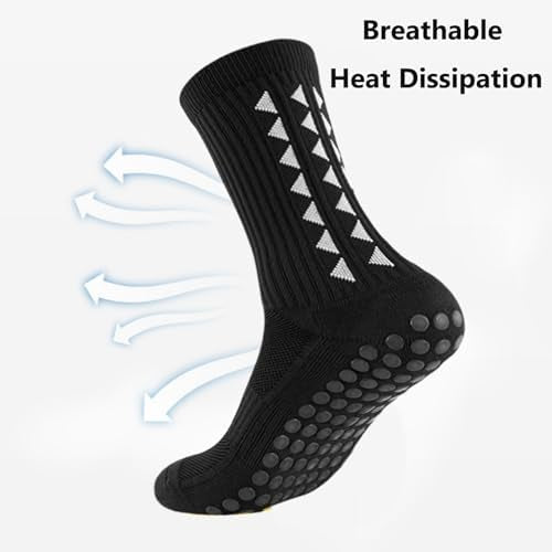 Three pairs of Problems Solved men's non-slip football grip socks, showing close-up of textured soles for improved traction.