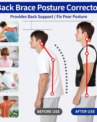 Problems Solved back straightener and posture corrector brace worn over clothing, showcasing support for improved posture.