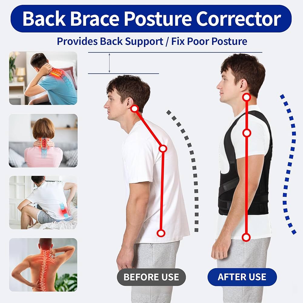 Problems Solved back straightener and posture corrector brace worn over clothing, showcasing support for improved posture.