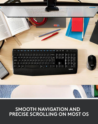 Logitech M280 wireless mouse with 2.4 GHz USB nano receiver and 1000 DPI optical sensor on a desk surface.