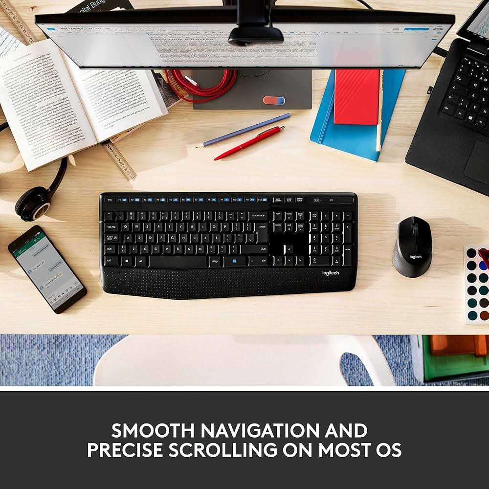 Logitech M280 wireless mouse with 2.4 GHz USB nano receiver and 1000 DPI optical sensor on a desk surface.