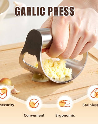 Problems Solved stainless steel garlic press rocker with ergonomic handle and mincer for efficient garlic crushing.