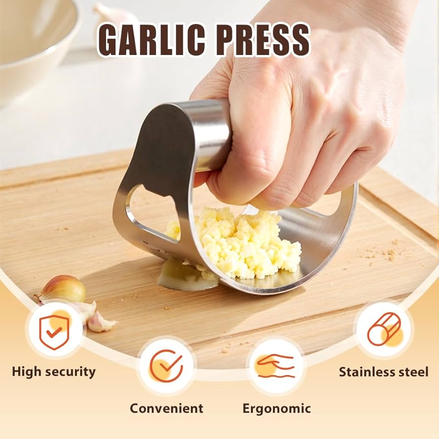 Problems Solved stainless steel garlic press rocker with ergonomic handle and mincer for efficient garlic crushing.