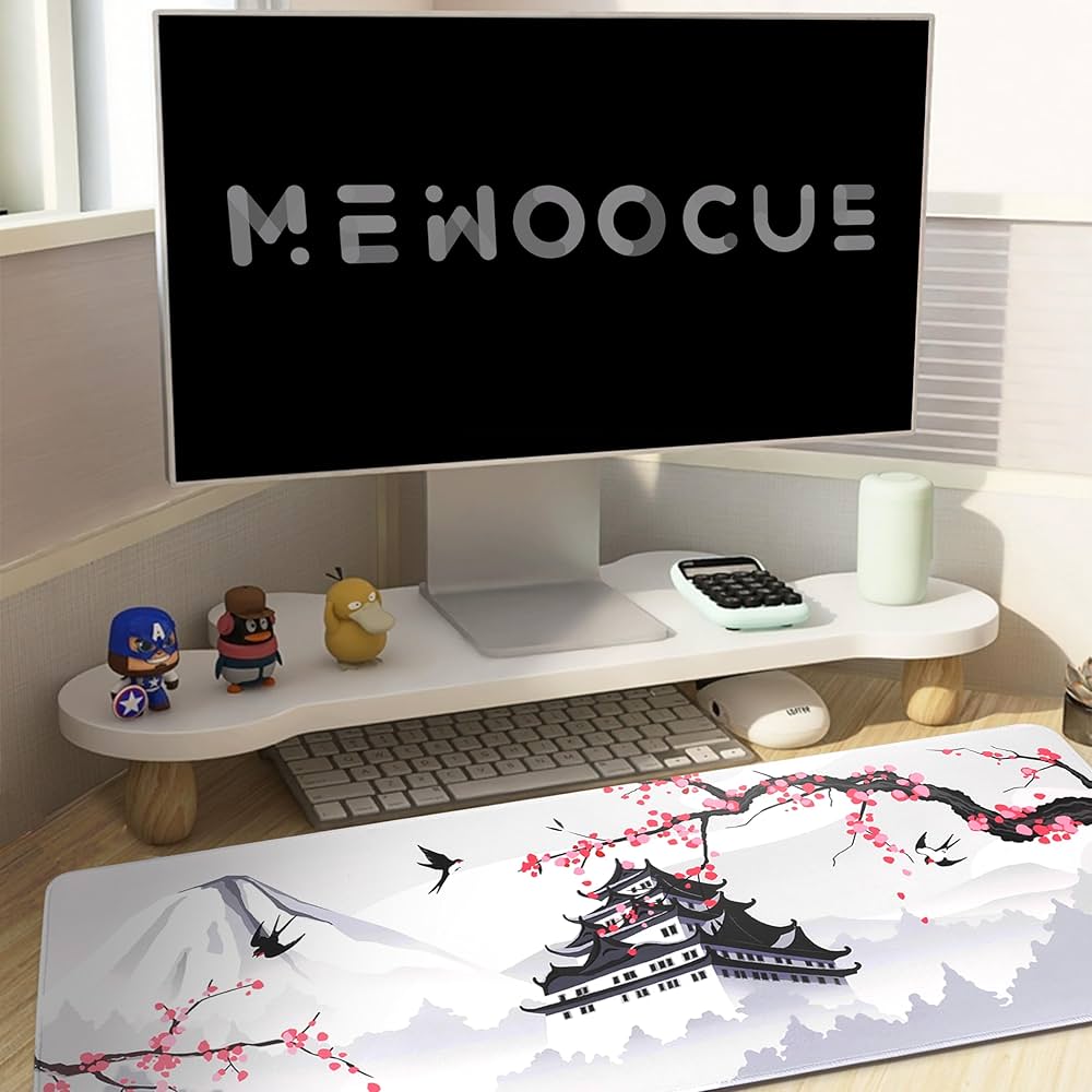 Problems Solved XXL gaming laptop mouse pad with Japanese cherry blossom white design, large smooth surface for gaming and work.