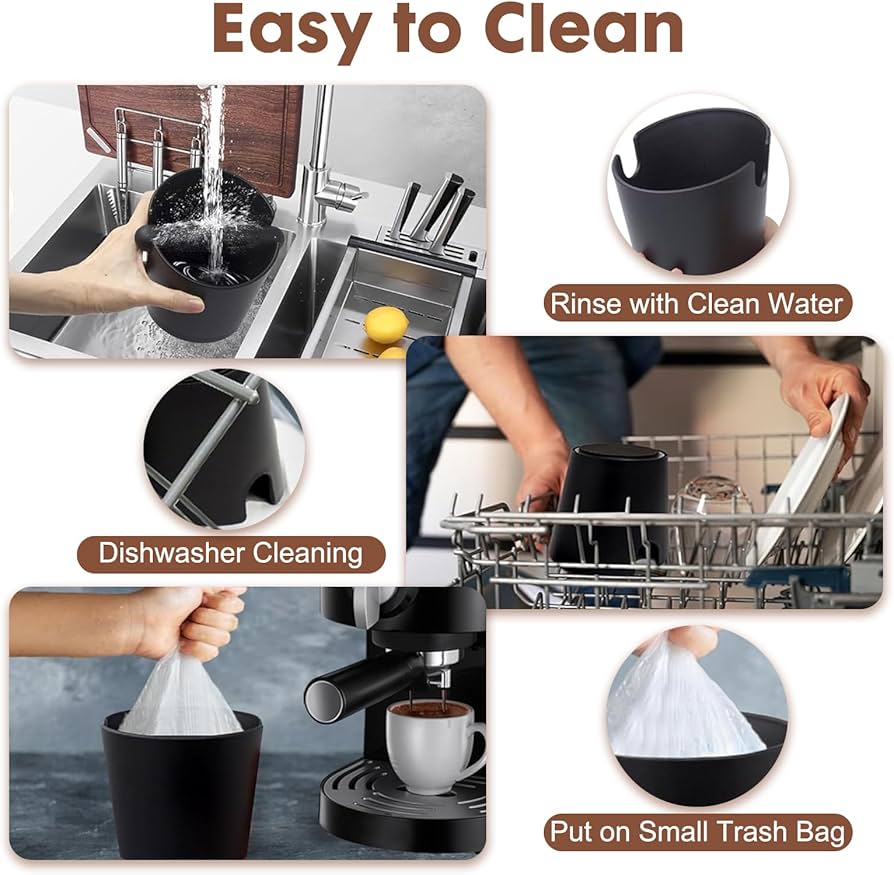 Problems Solved Coffee Knock Box, espresso coffee bin for knocking out used coffee grounds from espresso machine portafilters.