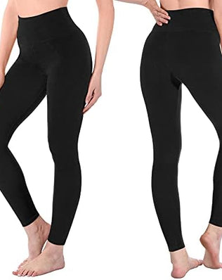 Two pairs of Problems Solved women's high-waisted, stretchy athletic leggings with tummy control, shown laid flat.