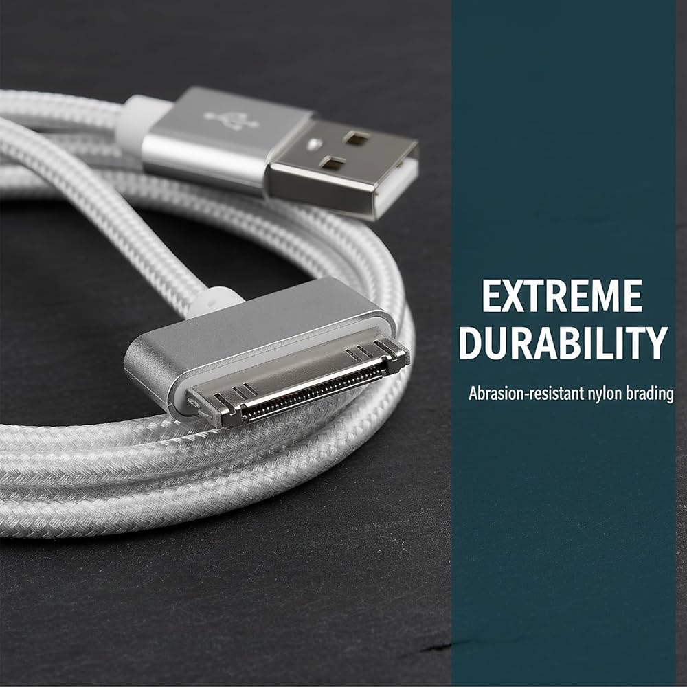 Problems Solved iPhone braided USB charger cable, 1 meter silver sync and data transfer lead for Apple devices.