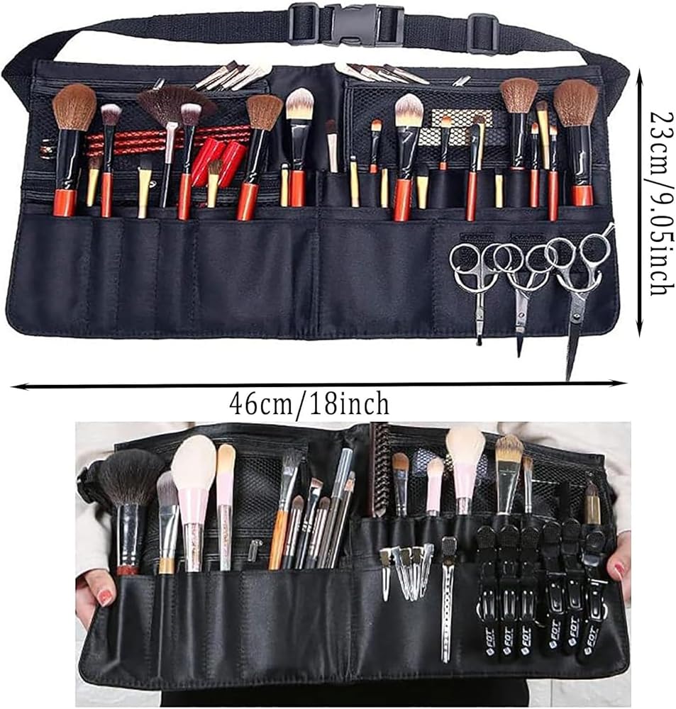 Problems Solved makeup brush cosmetic bag with organized compartments for makeup brushes, compact and portable for artists and travel.