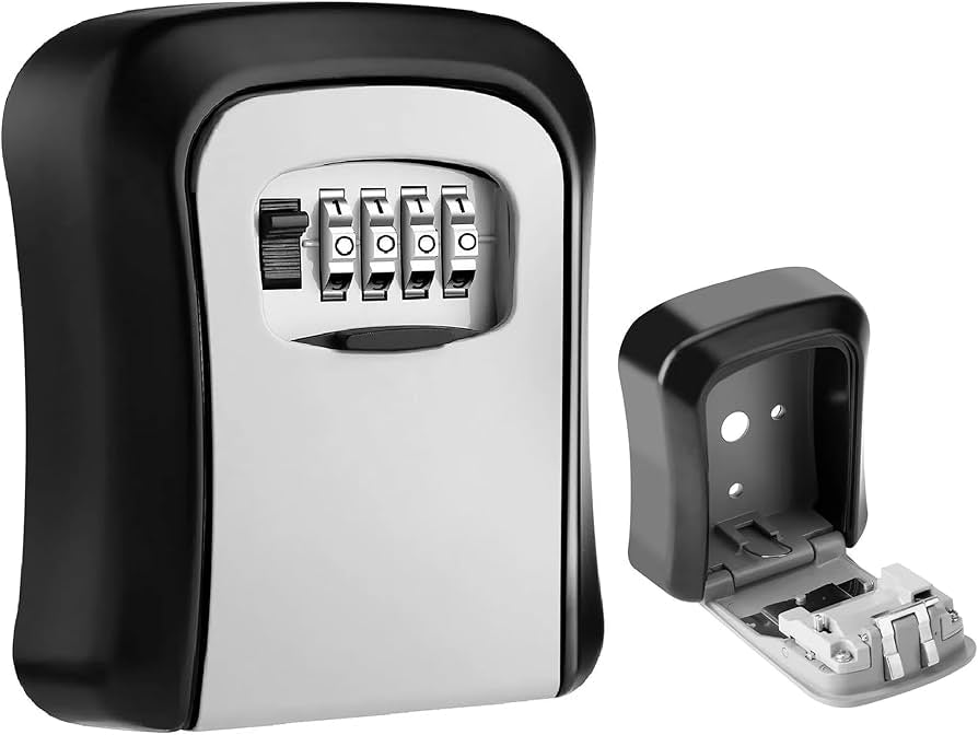 Problems Solved wall-mounted key safe lock box with numeric keypad, outdoor key holder for secure access.