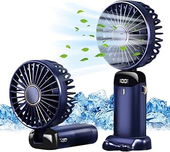 Problems Solved portable handheld USB rechargeable fan with five speed settings, compact design, and ergonomic handle.