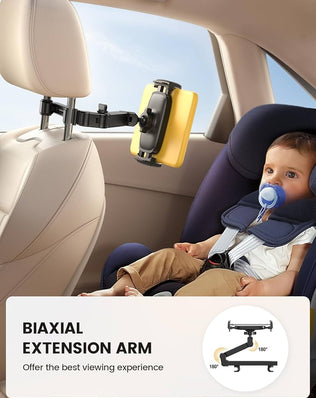 Problems Solved car headrest tablet mount with aluminium arm, adjustable holder for tablets in vehicles, shown on a car headrest.