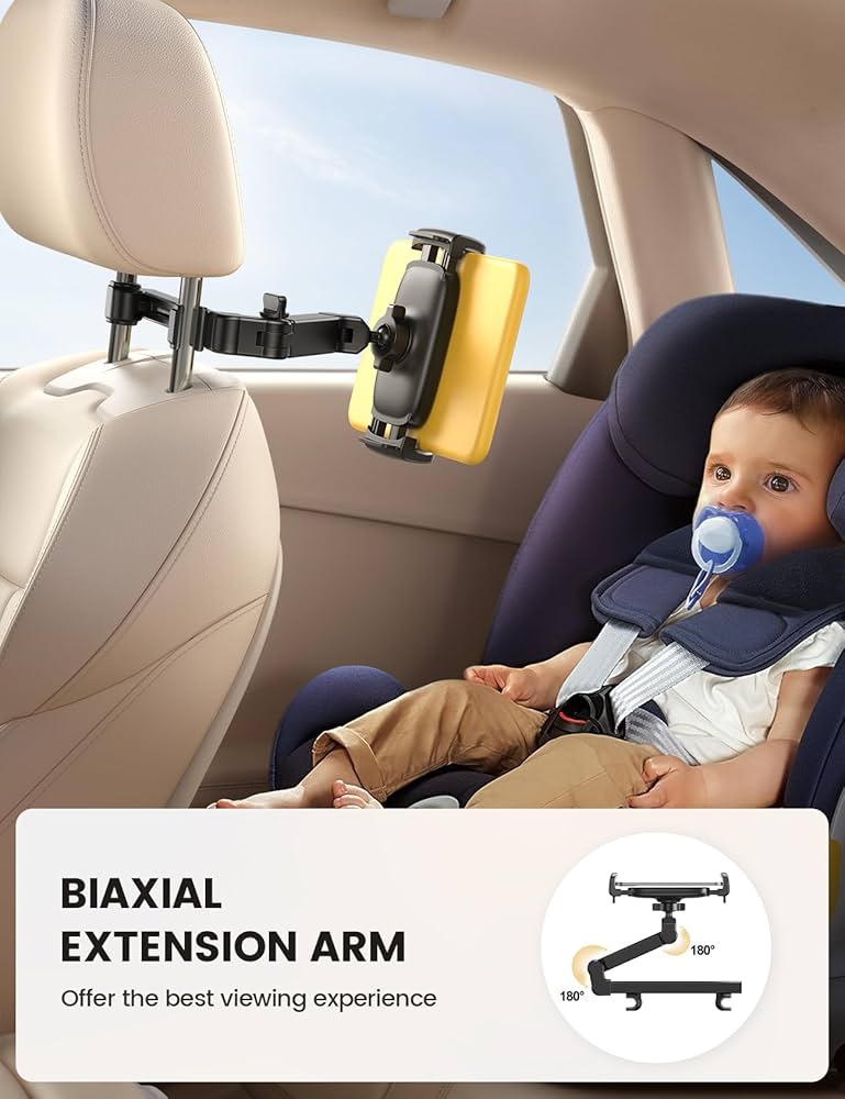 Problems Solved car headrest tablet mount with aluminium arm, adjustable holder for tablets in vehicles, shown on a car headrest.