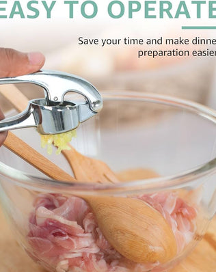 Problems Solved garlic press crusher and mincer tool for garlic and ginger, showing stainless steel construction and ergonomic handle.