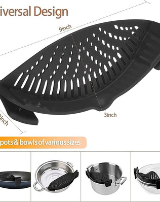 Problems Solved silicone clip-on pot strainer for hands-free food and pasta draining in a kitchen setting