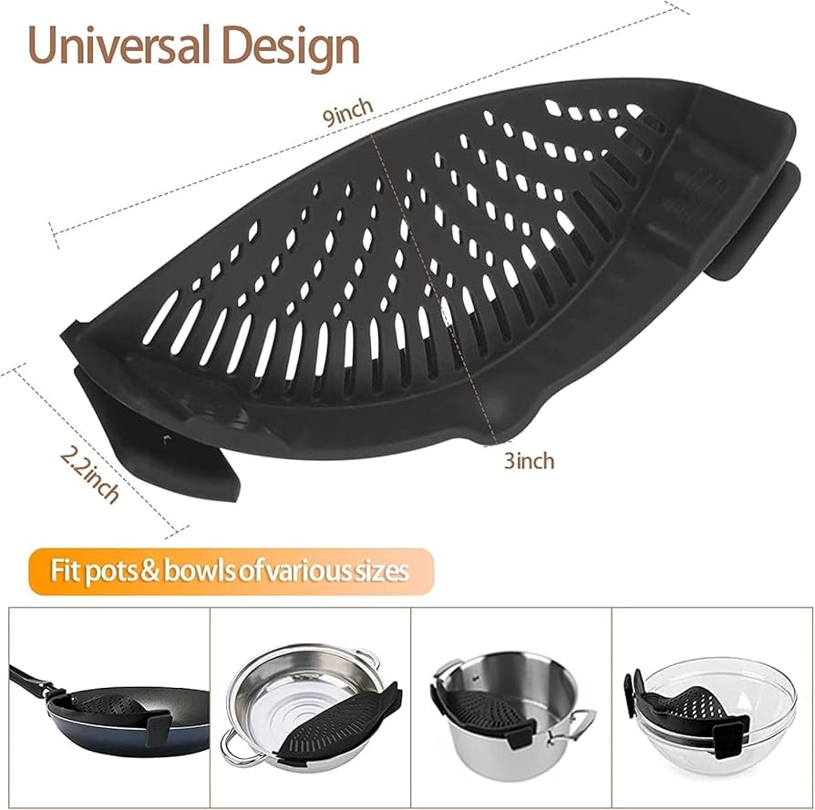 Problems Solved silicone clip-on pot strainer for hands-free food and pasta draining in a kitchen setting