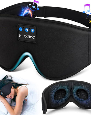 LC-dolida Bluetooth sleep mask headphones in black with 3D deep eye mask and blackout design for comfortable sleep and audio relaxation.