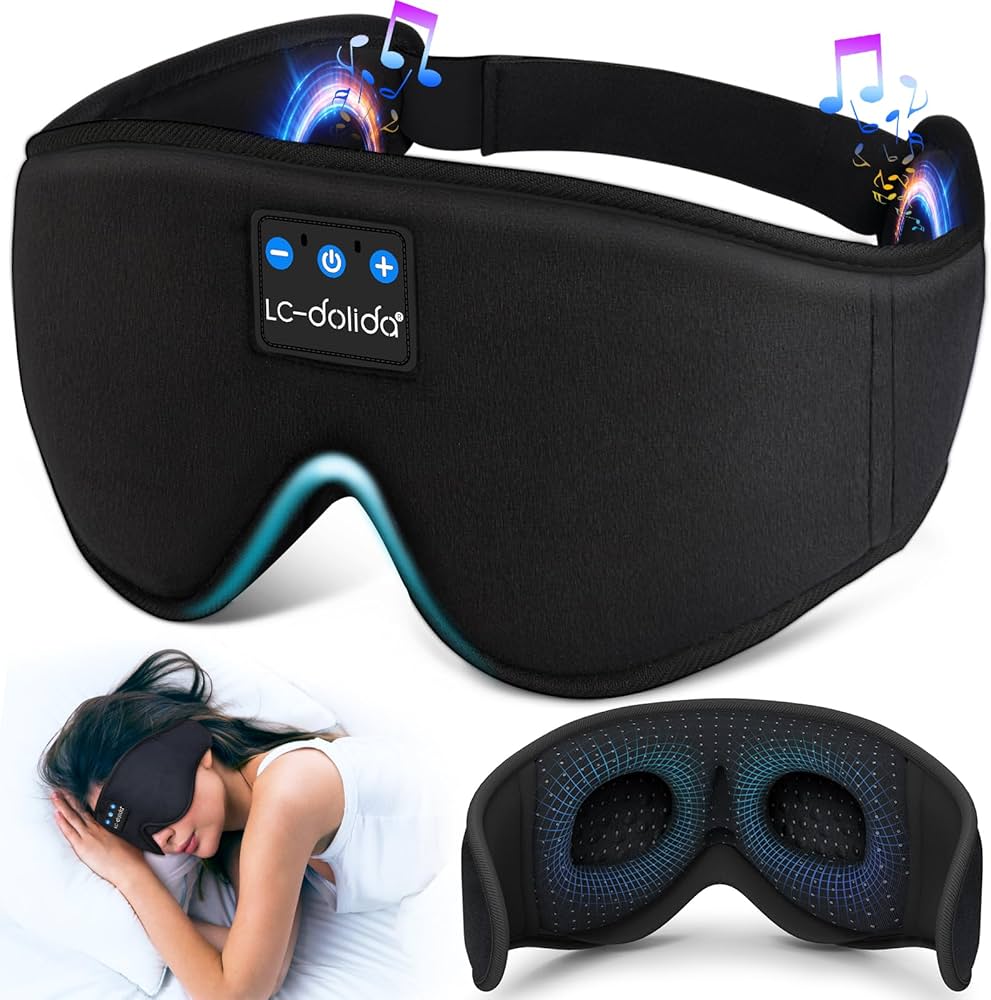 LC-dolida Bluetooth sleep mask headphones in black with 3D deep eye mask and blackout design for comfortable sleep and audio relaxation.