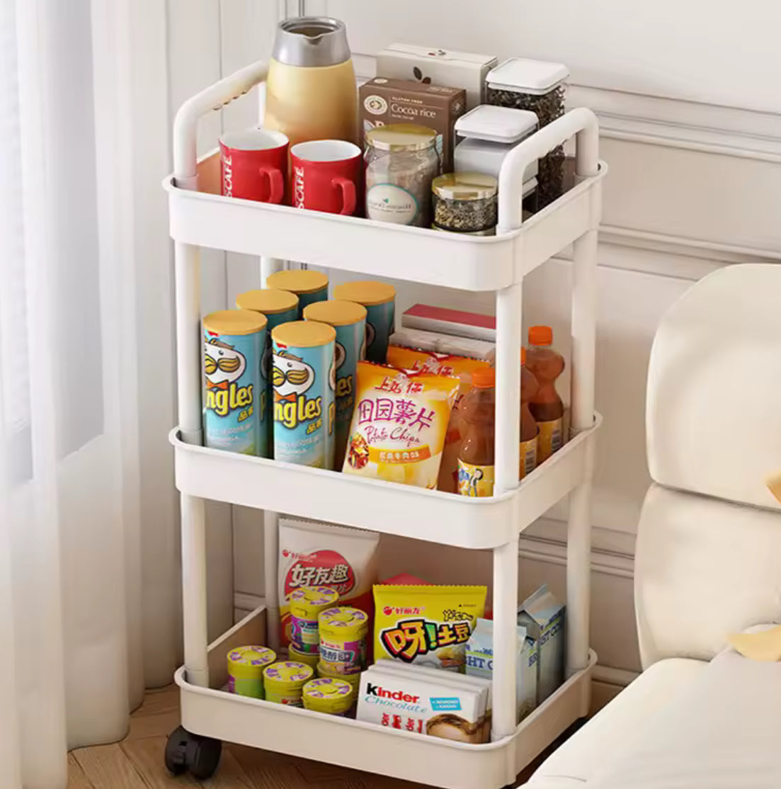 Problems Solved household multi-layer small storage cart with wheels, compact floor-to-floor design for organizing small items.