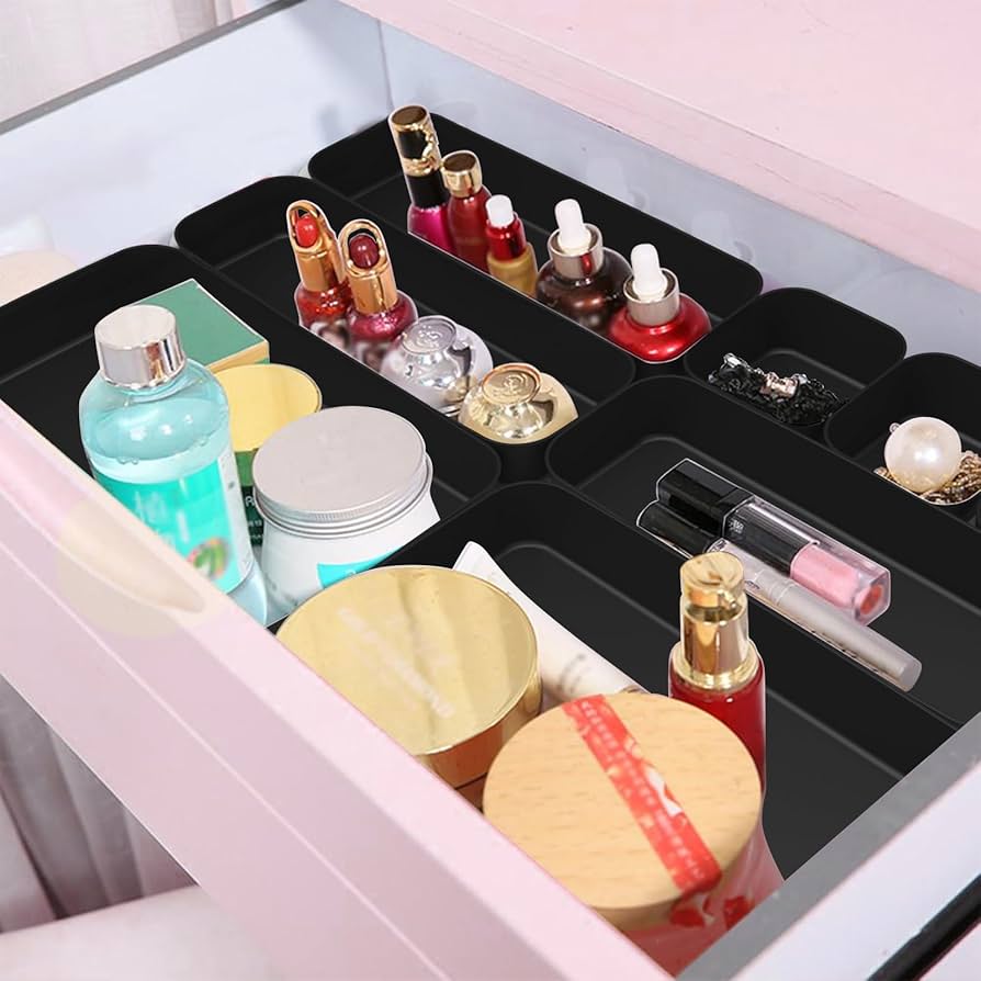 Problems Solved 16-piece drawer organiser box set with compartments for kitchen and bathroom storage.