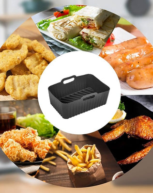 Two silicone air fryer liners for Ninja Foodi Dual DZ201 non-stick basket, brand Problems Solved, shown in a cooking setting