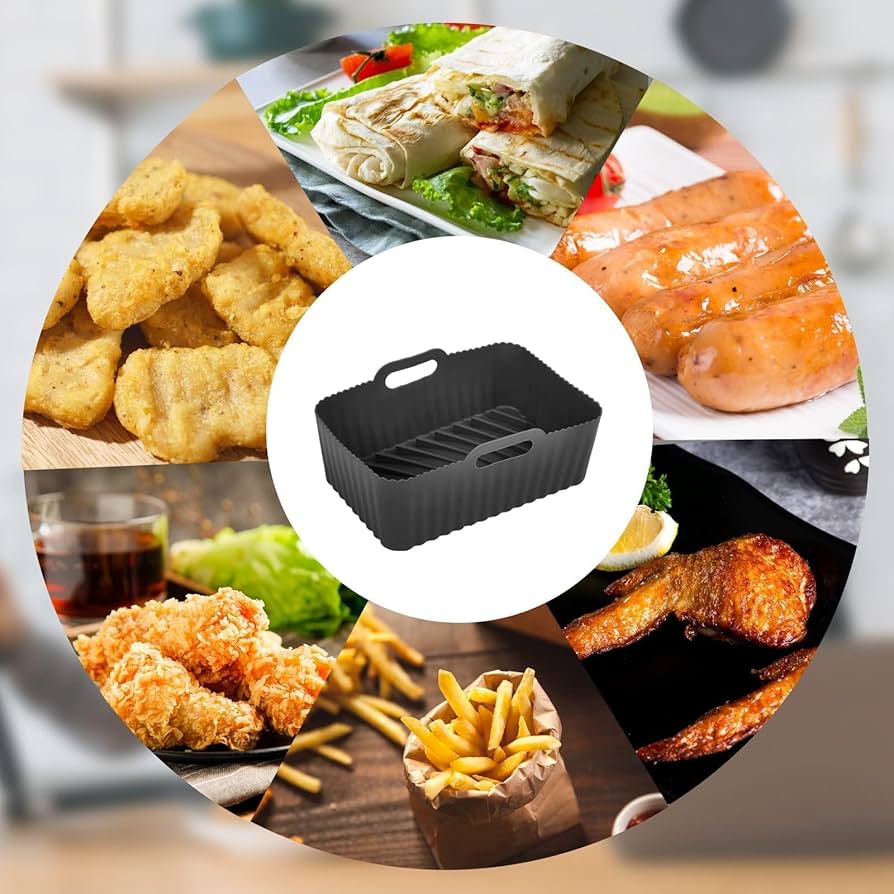 Two silicone air fryer liners for Ninja Foodi Dual DZ201 non-stick basket, brand Problems Solved, shown in a cooking setting
