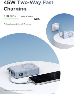 Problems Solved MagFlow MagSafe power bank with Qi2 wireless fast charging, 20000mAh capacity, shown with charging ports and LED indicators.