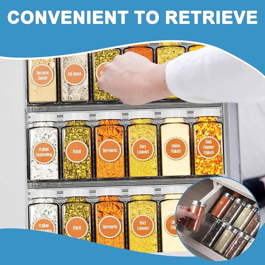 Problems Solved spice rack drawer organizer for kitchen, featuring a compact spice drawer rack with multiple compartments.