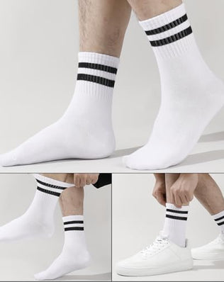 Six pairs of Problems Solved men's breathable striped crew socks for athletic, sports, and casual wear.
