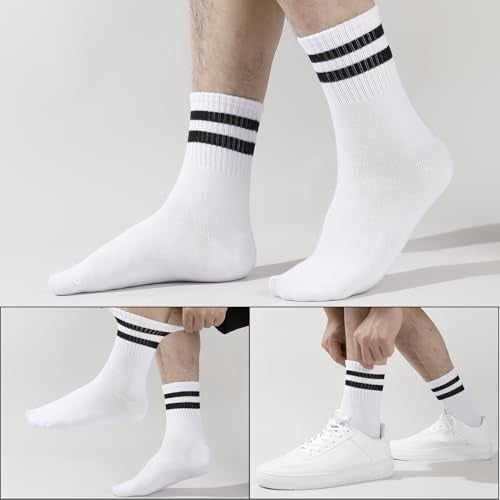 Six pairs of Problems Solved men's breathable striped crew socks for athletic, sports, and casual wear.