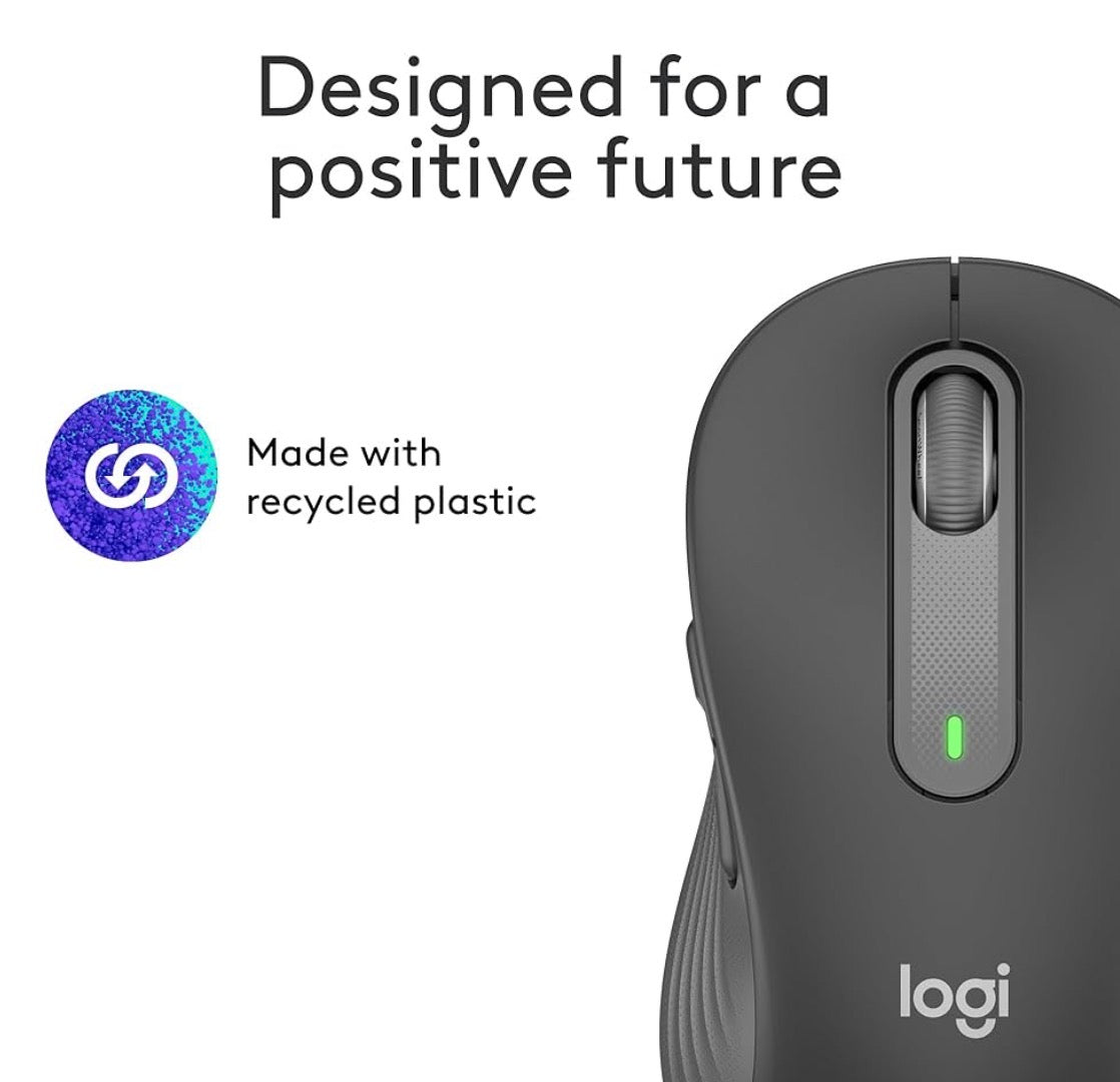 Problems Solved Signature M650 L full size wireless mouse with ergonomic design and multiple buttons on a desk.