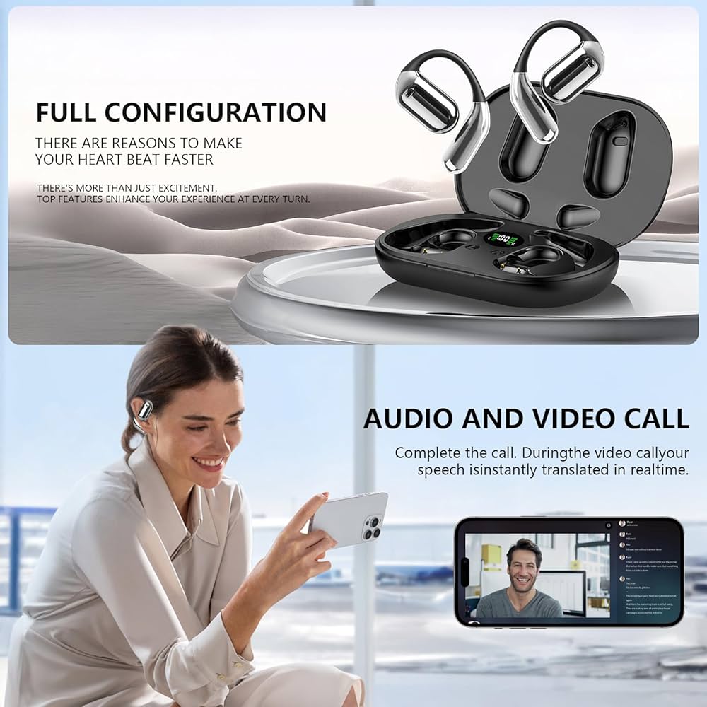 Problems Solved Translation Earbuds with AI, real-time language translator in a compact design, showing the earbuds in the image.