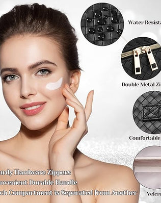 Leather waterproof makeup bag by Problems Solved, portable cosmetic bag for women with sleek design and spacious interior.