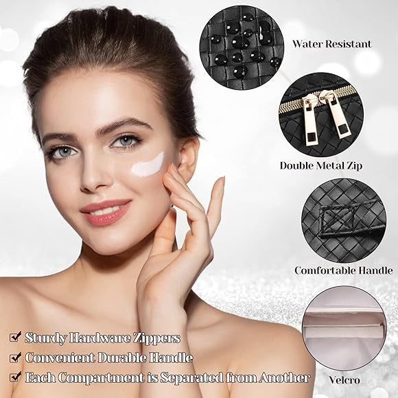 Leather waterproof makeup bag by Problems Solved, portable cosmetic bag for women with sleek design and spacious interior.