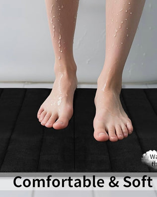 Problems Solved 3-piece non-slip bath mat set with luxury thick memory foam bathroom rugs on a tiled floor.