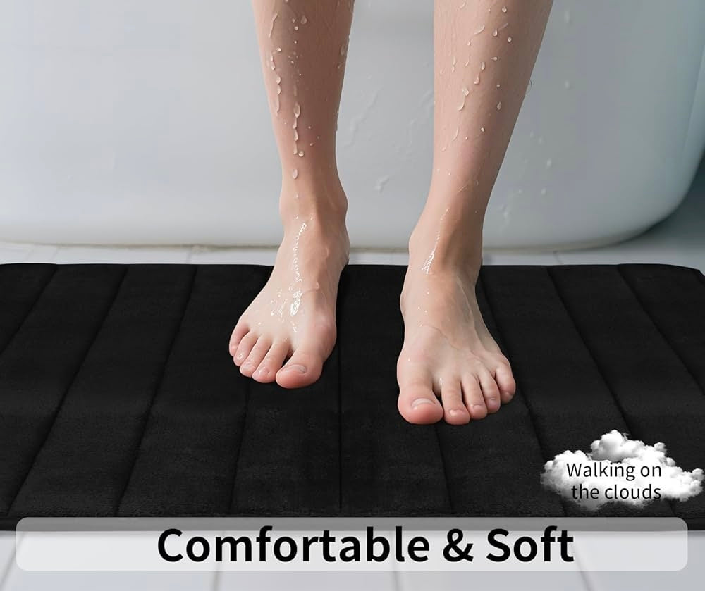 Problems Solved 3-piece non-slip bath mat set with luxury thick memory foam bathroom rugs on a tiled floor.