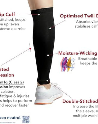 Pair of Problems Solved calf support compression sleeves for women and men, designed for running and athletic activity.