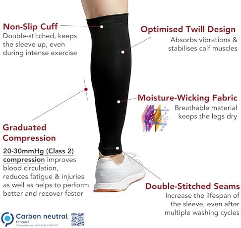 Pair of Problems Solved calf support compression sleeves for women and men, designed for running and athletic activity.