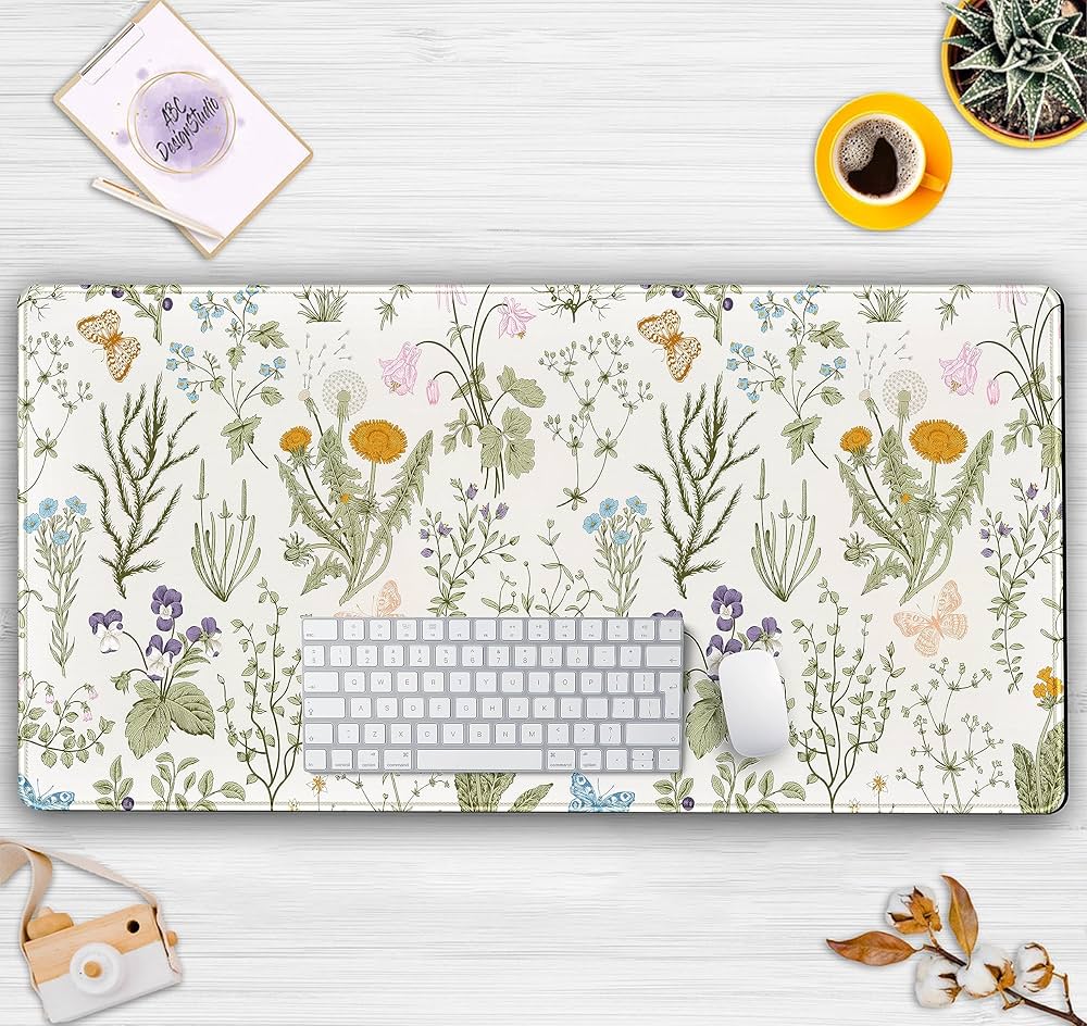 Pressed dried floral mouse pad with cute flower design, Problems Solved desk mat for a floral-themed workspace.