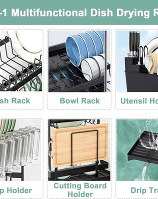 Black stainless steel 2-tier dish drainer with drip tray from Problems Solved, designed for drying and organizing dishes efficiently.