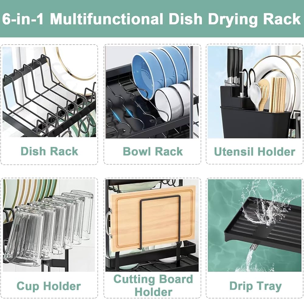 Black stainless steel 2-tier dish drainer with drip tray from Problems Solved, designed for drying and organizing dishes efficiently.