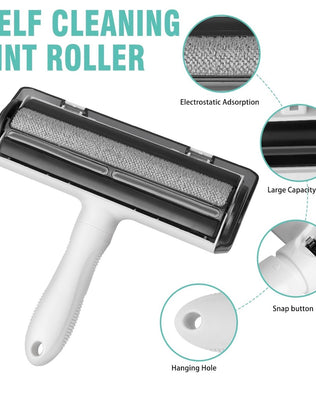 Reusable lint roller for pet hair by Problems Solved, showing the sticky roller removing pet fur from clothing and furniture.