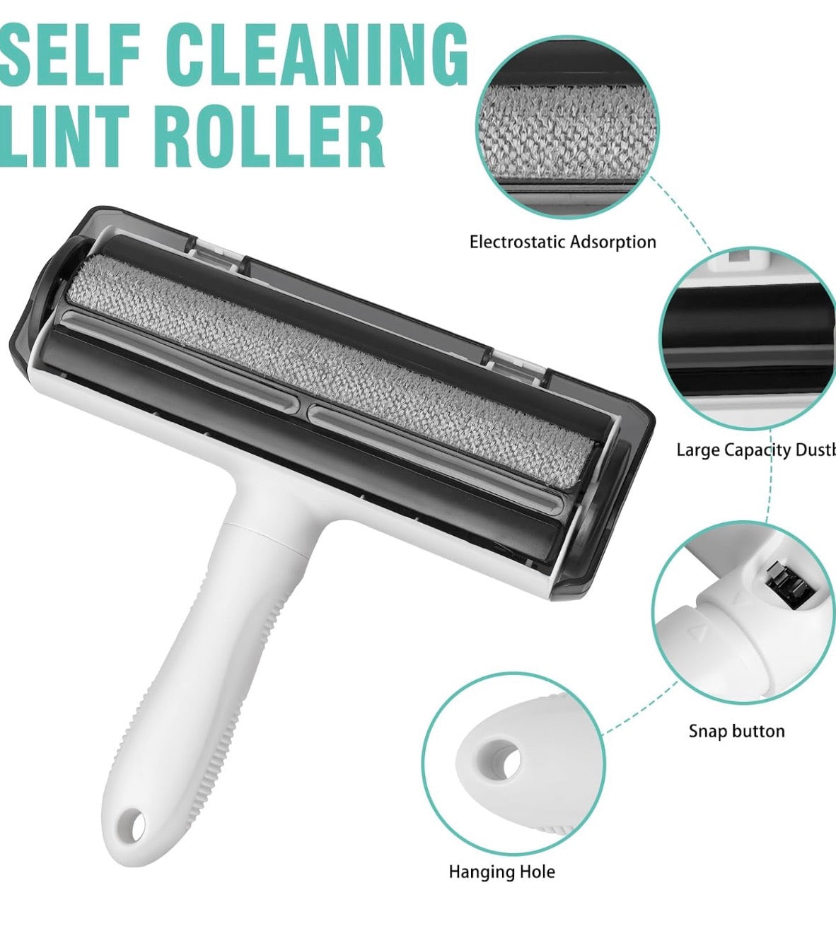 Reusable lint roller for pet hair by Problems Solved, showing the sticky roller removing pet fur from clothing and furniture.