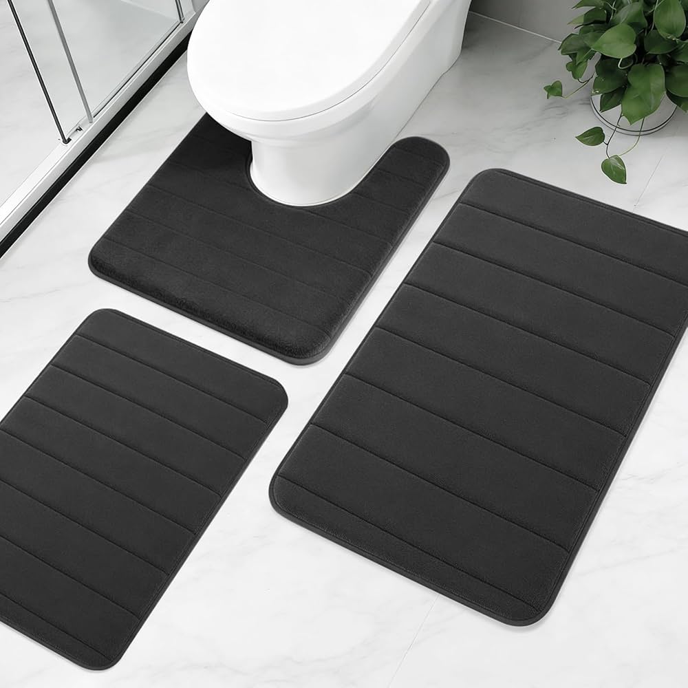 Problems Solved 3-piece non-slip bath mat set with luxury thick memory foam bathroom rugs on a tiled bathroom floor