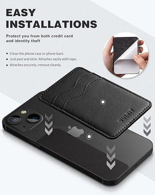 Slim leather phone card holder by Problems Solved attached to a smartphone, designed for holding credit cards and IDs.