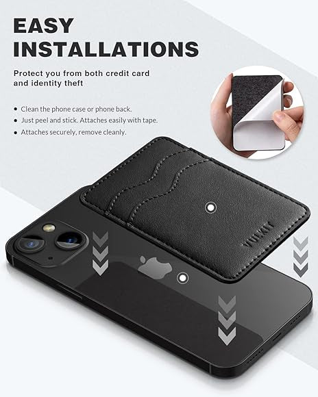 Slim leather phone card holder by Problems Solved attached to a smartphone, designed for holding credit cards and IDs.
