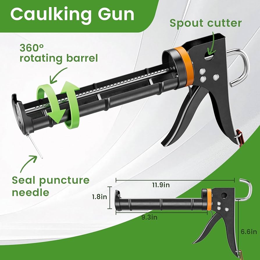 Problems Solved professional caulking gun kit with caulk removal tool and putty knife, 5-in-1 caulking tool for sealing and repair.