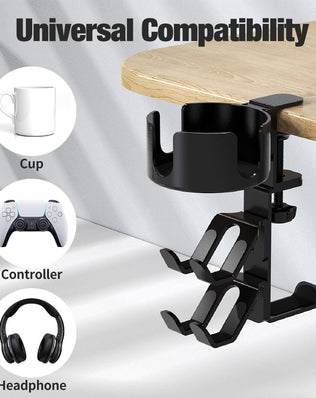 Problems Solved 360º rotating game controller headset stand with desk clamp, holding gaming controllers and headsets securely.