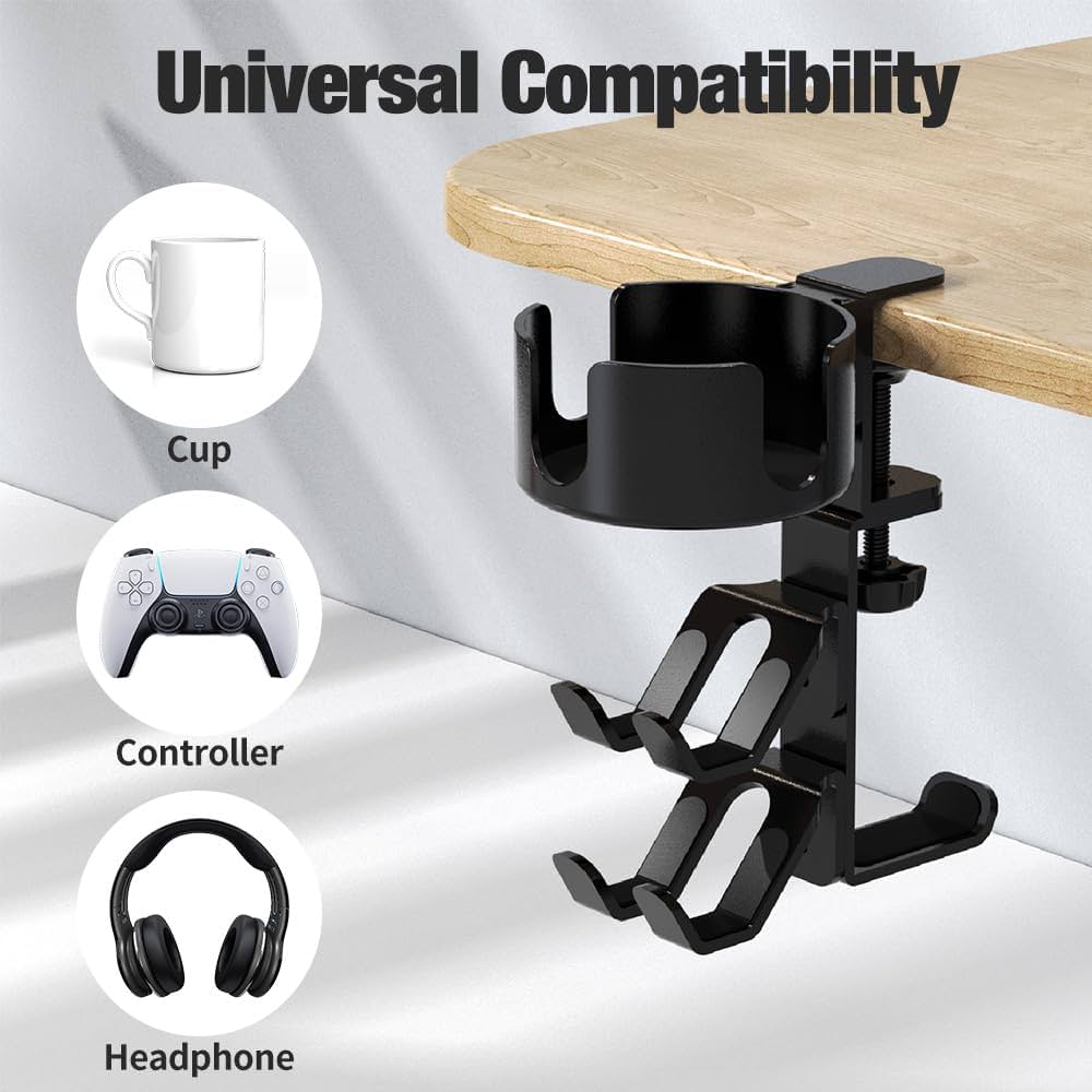 Problems Solved 360º rotating game controller headset stand with desk clamp, holding gaming controllers and headsets securely.