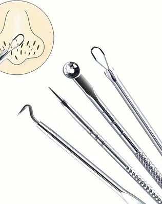 Problems Solved blackhead removal tool kit with four silver facial care tools and storage box for nose pore cleaning.
